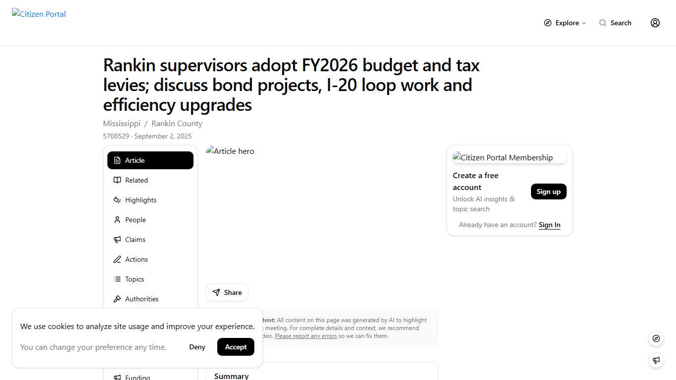 Rankin supervisors adopt FY2026 budget and tax levies; discuss bond projects, I-20 loop work and efficiency upgrades Citizen Portal